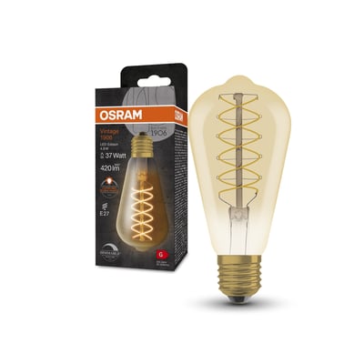Osram Ledvance 1906 Edison guld pære med spiral filament, 4,8W og E27 fatning, præsenteret ved siden af sin emballage.