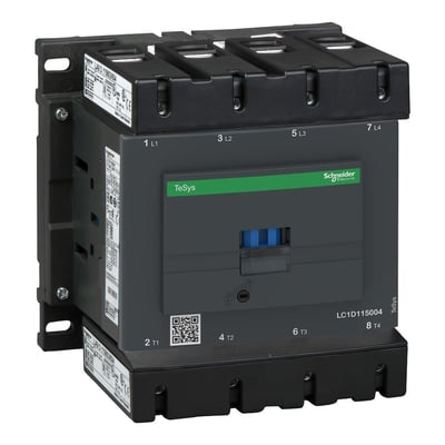 Schneider Electric TeSys D 4-polet kontaktor med 200A strøm og 24V DC spænding på mørkegrå baggrund.