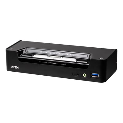 Sort Aten CS1953-AT 3-port hybrid KVM-switch med USB-C, True 4K DisplayPort og USB 3.0, set skråt forfra.