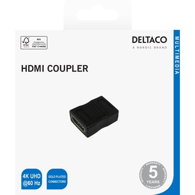 Emballage med en sort Deltaco HDMI-kobler med guldfarvede stik og understøttelse af 4K UHD ved 60 Hz.