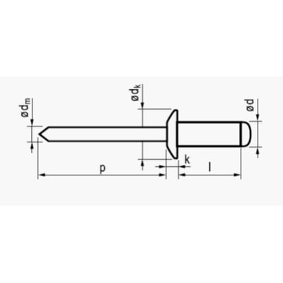 Teknisk tegning af MFX blindnitte 3,2x16mm, rundhovedet i stål/stål med dimensioner angivet.