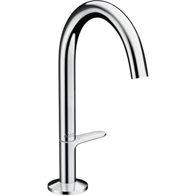 AXOR etgrebsbatteri i krom med 140mm tud og push-open bundventil på hvid baggrund.