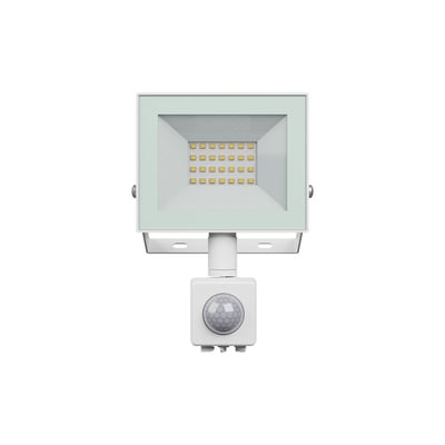 SpectrumLED Noctis Lux projektør med PIR sensor, 20W, hvid. Fron view viser LED-panel og bevægelsessensor.