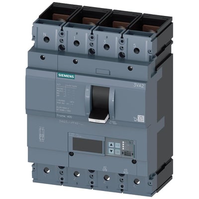 Siemens 3VA2 maksimalafbryder med 4 poler, 400A og en brydeevne på 55kA, vist med ON/OFF/TRIP håndtag og digital display.
