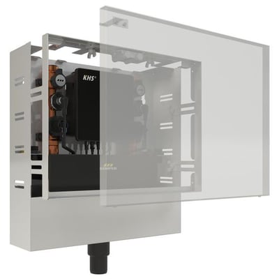 Kemper KHS LITE hygiejneskylningsboks med gennemstrømningssensor og to tilslutninger i åbent kabinet, med synlige komponenter og KHS logo.