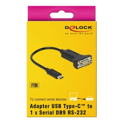 Emballage til Delock Adapter USB Type-C til seriel DB9 RS-232, med produktet synligt på gul baggrund.