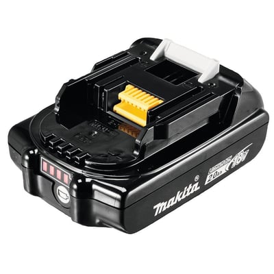 Makita 18V LXT akku batteri 2.0Ah med gule og hvide kontakter på toppen, vist fra siden.