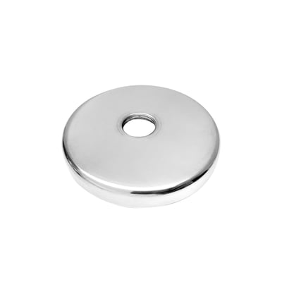 Poleret rustfri stål roset med 1/2" rørgevind og en ydre diameter på 100mm, præsenteret på hvid baggrund.