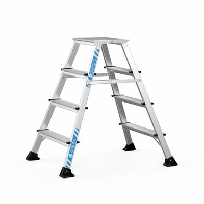 Zarges arbejdsbuk XLstep P med 2x4 trin, 0,99 meter høj, på hvid baggrund, med fokus på eloxerede vanger og ståplatform.