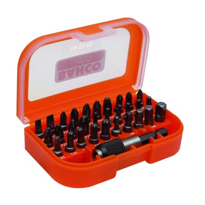Bahco bitssæt i orange kasse med gennemsigtigt låg, der viser forskellige typer bits og magnetisk holder.