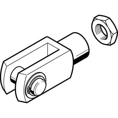 Festo Gaffelhoved SG-M42X2 med sekskantmøtrik, sort/hvid illustration af tilbehør til cylindermontering iht. ISO 8140.