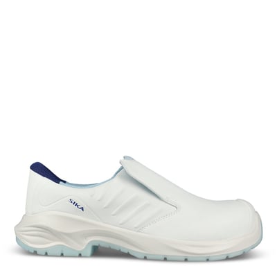 Sika Footwear Advance slip-on sikkerhedssko 80401 i hvid, str. 48, set fra siden med lys blå sålkant.
