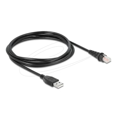 Sort USB-kabel med USB-A-stik og scannerstik til DeLock USB-stregkodescanner med 1D- og 2D-aflæsning.