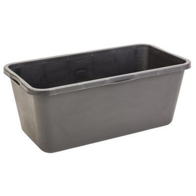 Sort, rektangulær murerbalje fra Ironside med kapacitet på 90 liter, set skråt ovenfra med den brede kant synlig.