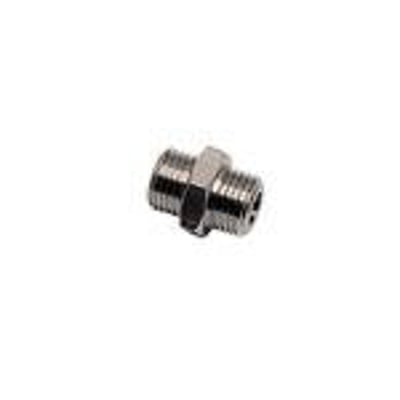 Parker Legris reduktions brystnippel 0901 af forniklet messing, med 3/8" og 1/2" BSPP gevind.