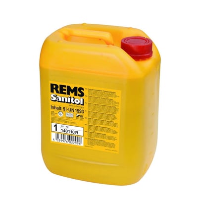 Tættere billede af Rems Sanitol 5 liters dunk, viser tydeligt etikettens produktinformation, GGV-godkendelse og advarselssymboler.