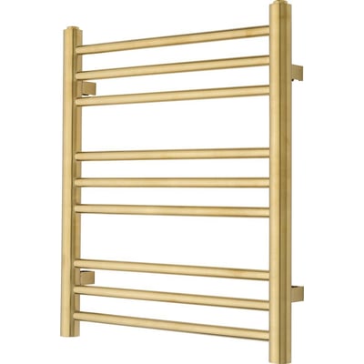 TVS Plus 9-500 håndklædetørrer i børstet guld (PVD) med ni vandrette rør og stålramme, klar til montering.