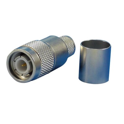 TNC han connector crimp for LMR400 cables, model TNC31EZ-L400, shown with separate metal crimp sleeve.
