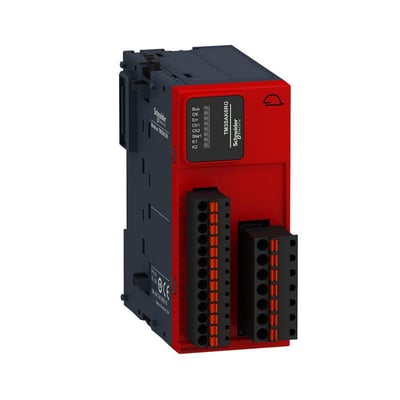 Detaljeret billede af Schneider Electric TM3SAK6RG sikkerhedsmodul, fremhæver LED-indikatorer, klemrækker og mærkning.