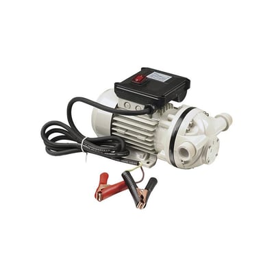 24V AdBlue membranpumpe med 30 l/min flow, lavet af plast med en rød tænd/sluk-knap og batteriklemmer.