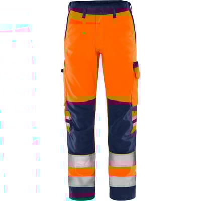 Fristads Green Hi-Vis industribukser i orange og marineblå med refleksdetaljer, vist på hvid baggrund.