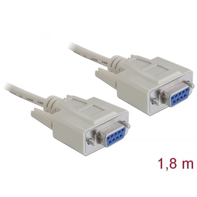 DeLock serielt RS-232-nullmodemkabel på 1,8 meter med gråt kabel og to D-Sub 9-hunstik, set fra stikenderne.