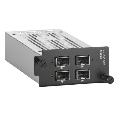 Weidmüller industriel switch IE-SWM-SL04-4GESFP med fire fiberporte, set skråt forfra med gråt hus.