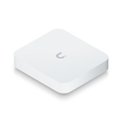 Isometrisk billede af Ubiquiti Gateway Max i hvid, med Ubiquiti logo på toppen, på sort baggrund.