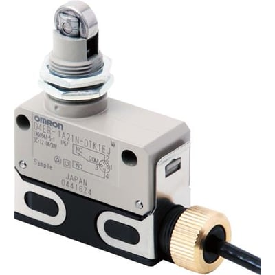 Omron D4ER-1A21N endestopkontakt med slank, forseglet design, skrueklemme, rullestempel og forkabelt tilslutning.
