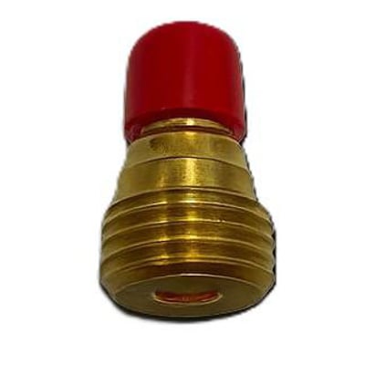 Hus til spændebøsning 1,6 mm, gaslinse og lille hoved i messing med rød topkappe på hvid baggrund.