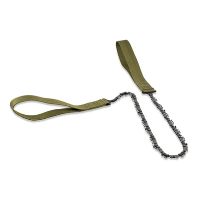 Grøn hånddrevet kædesav med 65 cm kæde af varmebehandlet kulstofstål og nylonhåndtag, vist på hvid baggrund.