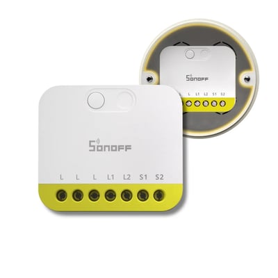 Sonoff MINI DUO-L er et hvidt Zigbee-smartrelæ med to kanaler og synlige tilslutningsskruer.