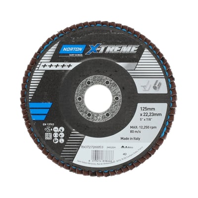 Norton X-TREME lamelslibeskive 125x22 mm plan K40 med blå kant og brun lameller, produceret i Italien.