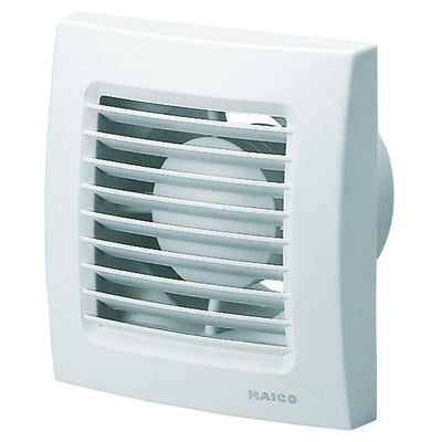 Maico Ventilatoren ECA 120 badventilator set fra siden, fremhæver dens kompakte design og udluftningsgitter i hvid.
