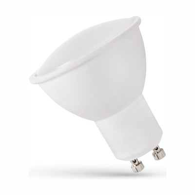 SpectrumLED GU10 LED-spot på 1,5 W med mælkehvid front, vist skråt med GU10-fatningens to stifter synlige.