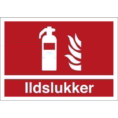 Selvklæbende brandskilt med symbolet for ildslukker og flammer på rød baggrund, tekst 'Ildslukker' i hvid.