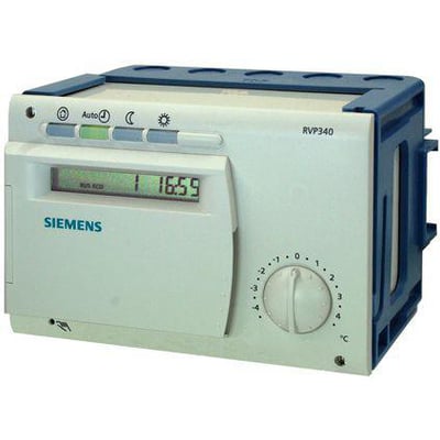 Siemens RVP340 varmeregulator til én varmekreds med digitalt display og drejeknap til temperaturjustering.
