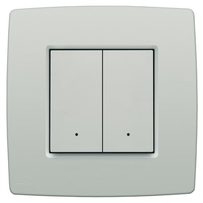 Niko 2-tryk i lys grå til Niko Home Control med integreret temperatur- og fugtighedssensor og LED-indikator på hvid baggrund.