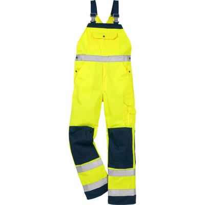 Detaljebillede af Kansas HI VIS Overall KL2 1001 i gul/marine, med fokus på knælomme, cargolomme og refleksbånd på benet.