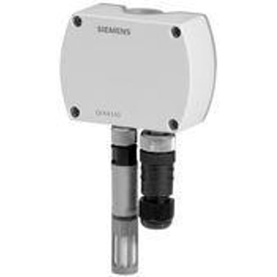 Siemens QFA3171 rumføler til fugt og temperatur, hvid med synlige skruer og udgange for 4..20mA signaler.