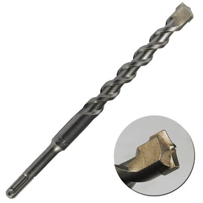 Ironside hammerbor med SDS-plus-skaft, 4 mm diameter og to skær, vist skråt med en forstørret detalje af borets spids.