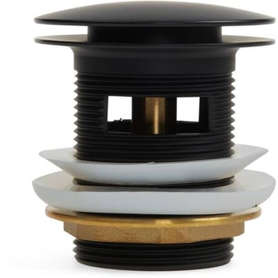 Badekar bundventil med roset i mat sort finish, vist med hvide og messingfarvede pakninger på hvid baggrund.