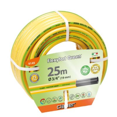 Claber Flexyfort Green gul vandslange på 25 meter, 3/4" (19 mm) diameter, med anti-knæk funktion og 25 års garanti.