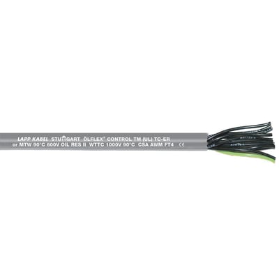Grå Olflex Control TM kontrolkabel fra Lapp, 8AWG/5C, 1KV, med afskårne ender der viser sorte og gule ledere.