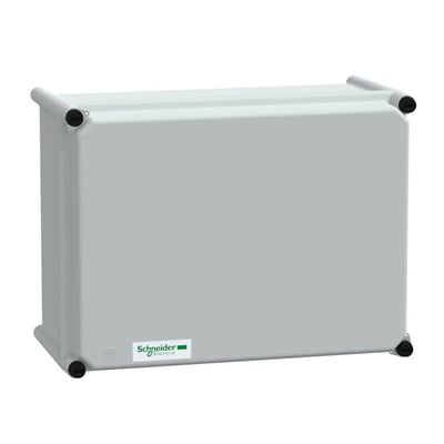 Schneider Electric Kapsling 7035 MOD i RAL 7035 grå polyester, 270x360x180mm, vist fra siden med synligt logo og monteringspunkter.