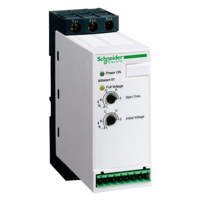Schneider Electric Altistart 01 softstarter til DIN-skinne montering, 25A og 110-480V, vist med frontbetjening og terminaler.