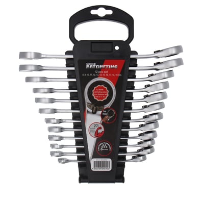 Tecos ringskraldenøglesæt med 12 dele, størrelser 8-19 mm, præsenteret i en sort holder med rød detalje.