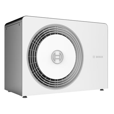 Bosch Compress 5800i AW luft til vand-varmepumpe på 12 kW, set skråt forfra med stor rund ventilator.