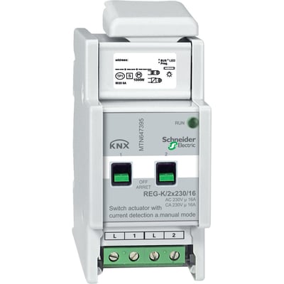 Schneider Electric KNX relæudgang, model REG-K/2x230V/16A, med manuel betjening, strømmåling og to grønne kontakter på hvid baggrund.