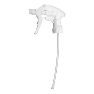 Komplet hvidt Kabi forstøverhoved med en 180 mm lang sugerør, klar til montering på kompatible serier.